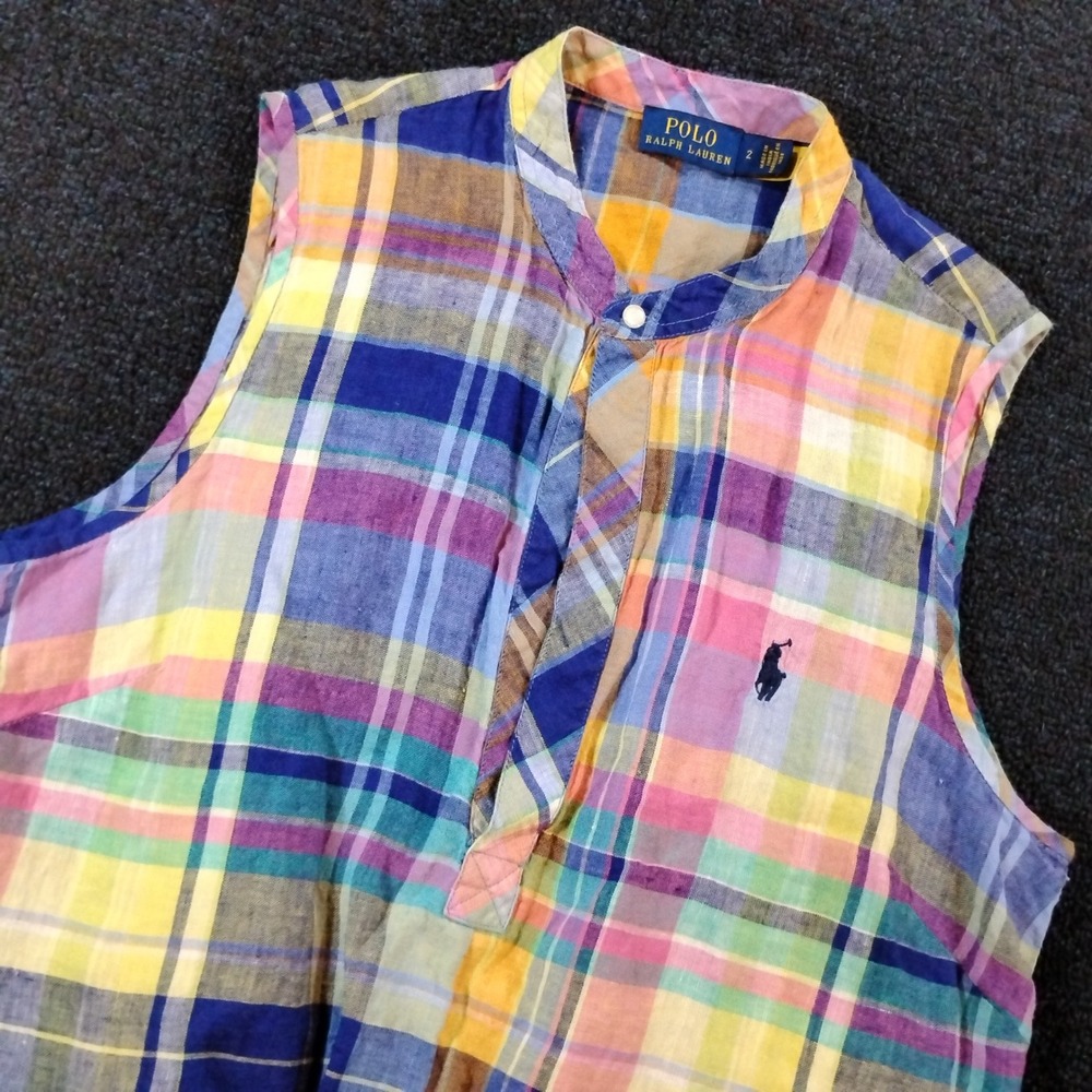 Polo Ralph Lauren Plaid Tie-Front Top Womens 2 Multi-Color Sleeveless Preppy